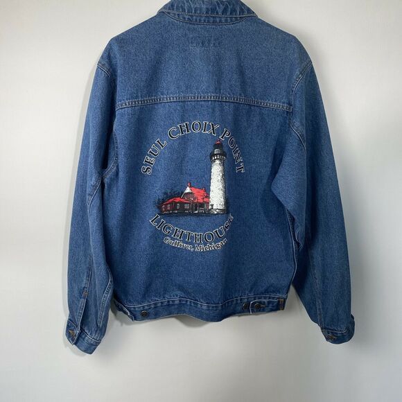 Denim Jean Jacket Blue Seul Choix Point Lighthouse Gulliver Michigan Sz M - Picture 6 of 8